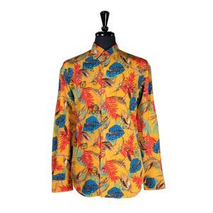 Mens Shirt Button Up Yellow Floral Graphic Tropical Hawaiian Beach Casual Large